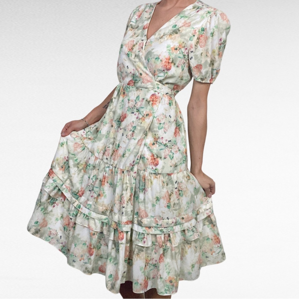Alex Marie | Multicolor Botanical Print Short Sleeve Wrap Tiered Midi Dress